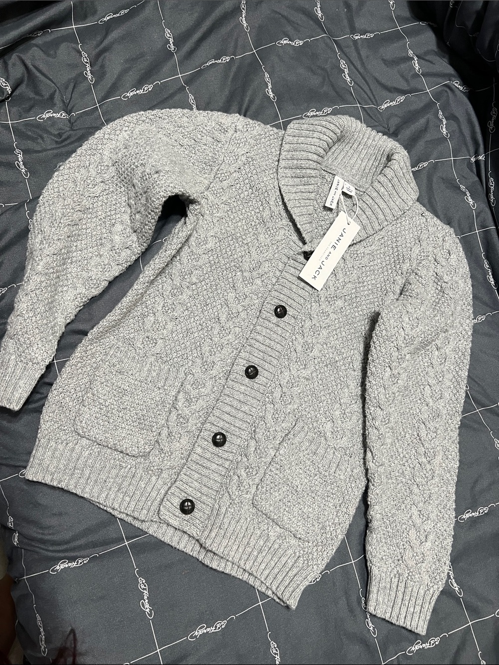 Janie and Jack Light Gray Kids Cable Knit Shawl Collar Button Cardigan